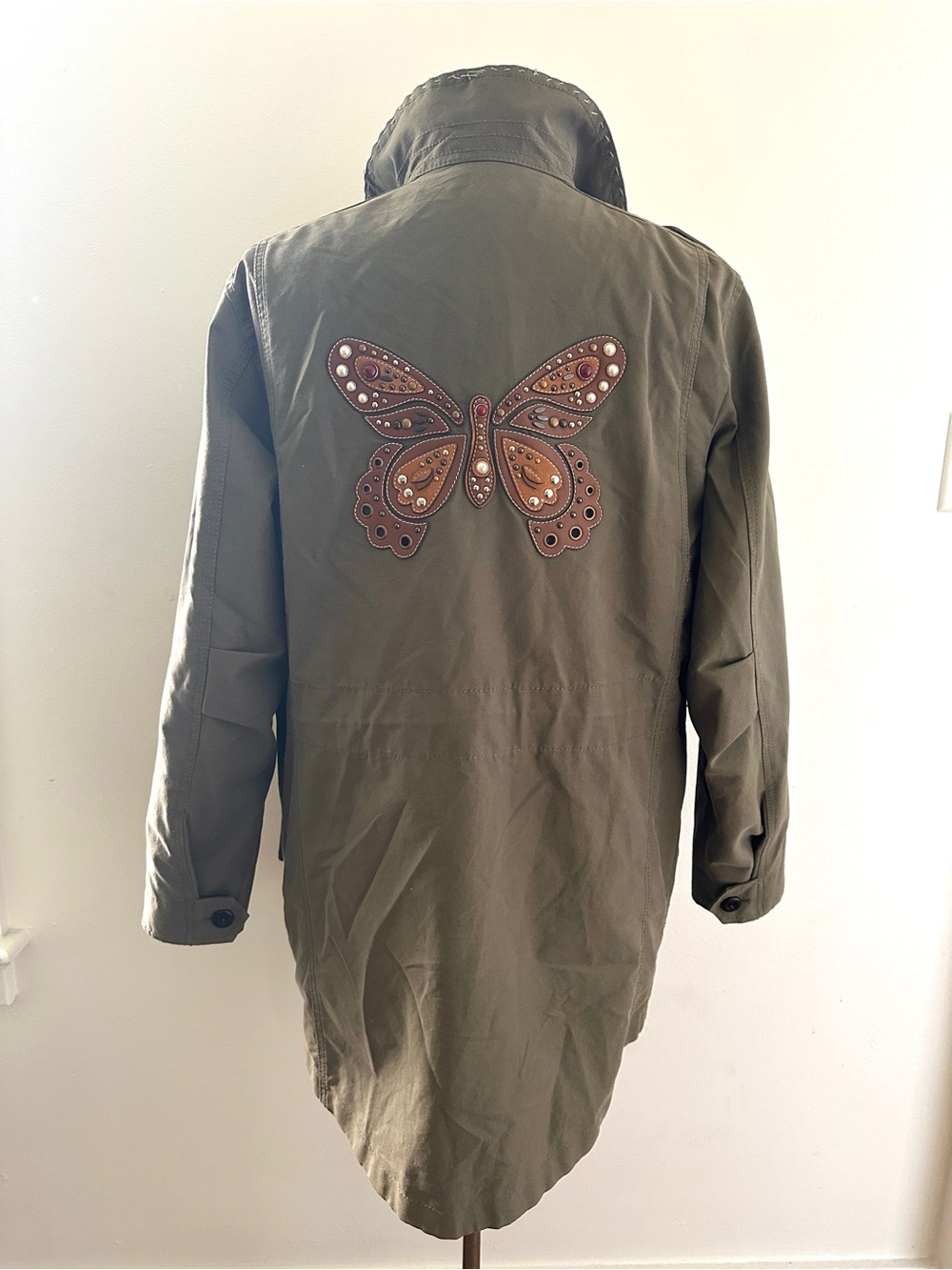 Coach Olive Green Women's Utility Jacket with Embellished Butterfly Size M